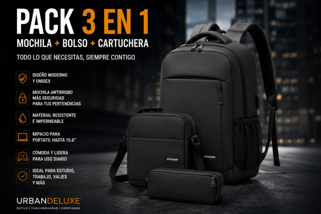 Pack Mochila 3 en 1 Antirrobo con Bolso y Cartuchera Unisex