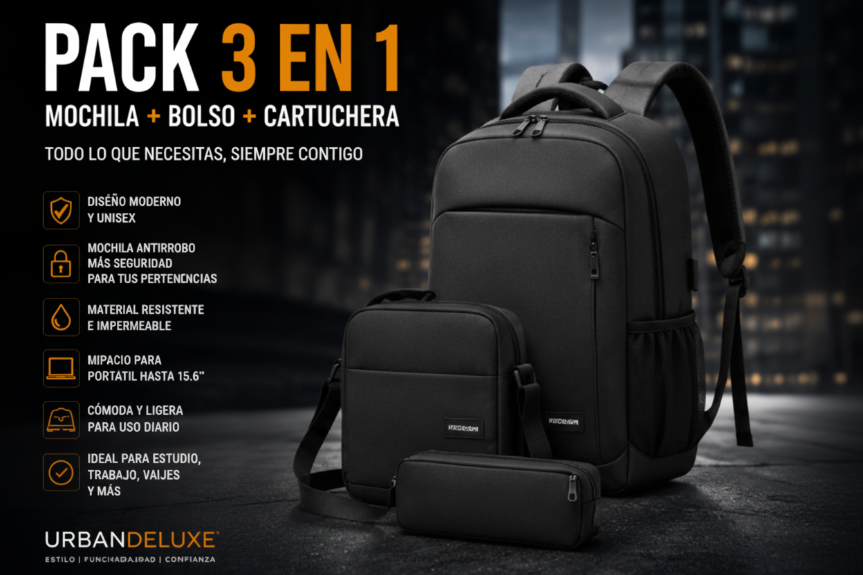 Pack Mochila 3 en 1 Antirrobo con Bolso y Cartuchera Unisex