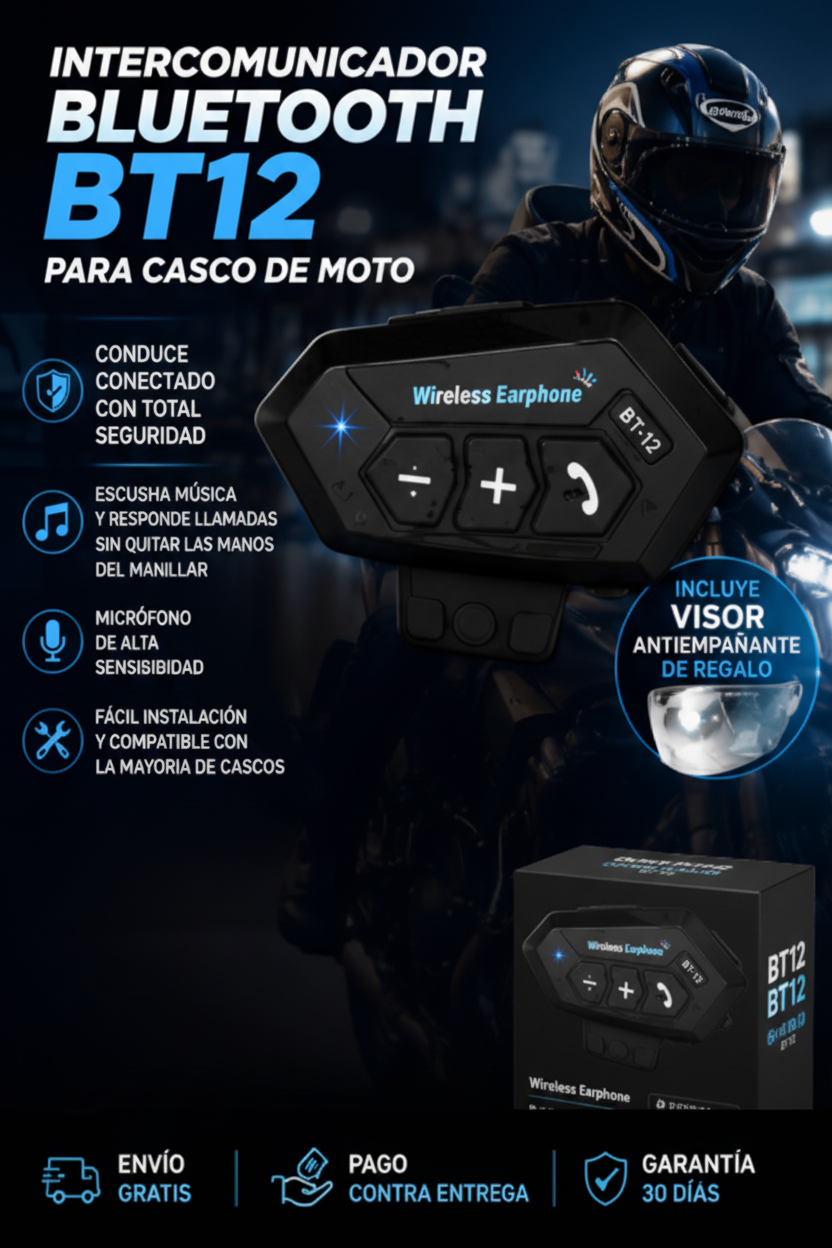 Intercomunicador Bluetooth BT12 para Casco de Moto con Micrófono
