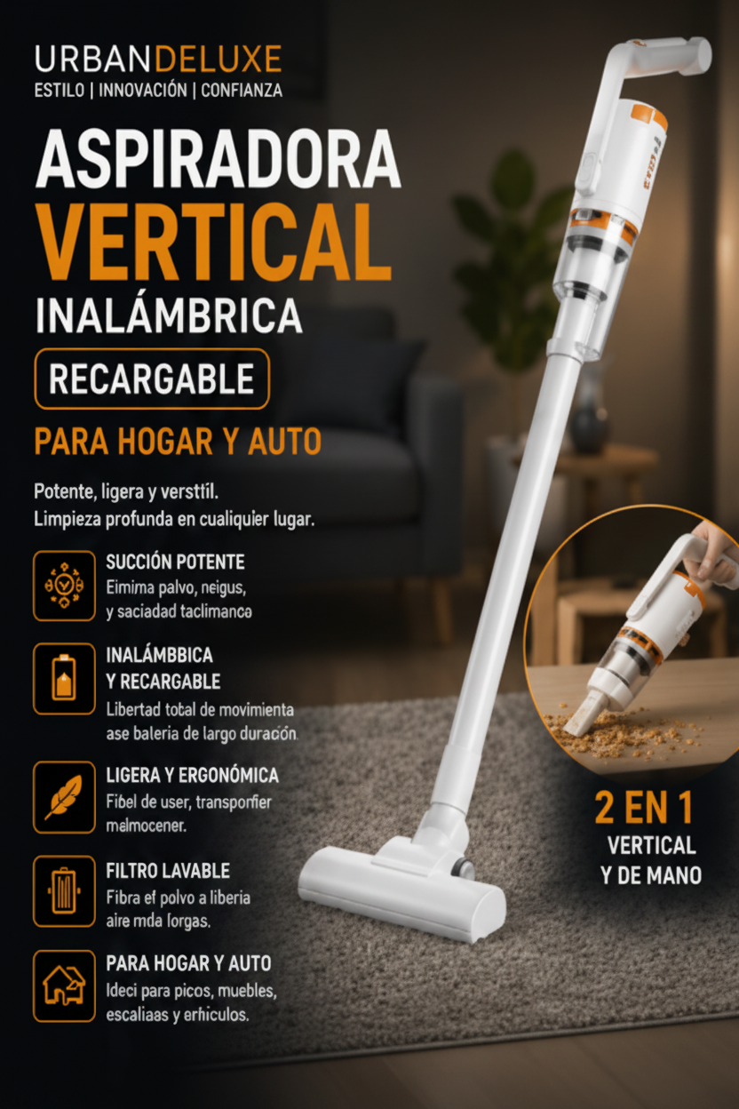 Aspiradora Vertical Inalámbrica 2 en 1 | Recargable para Hogar, Auto y Oficina