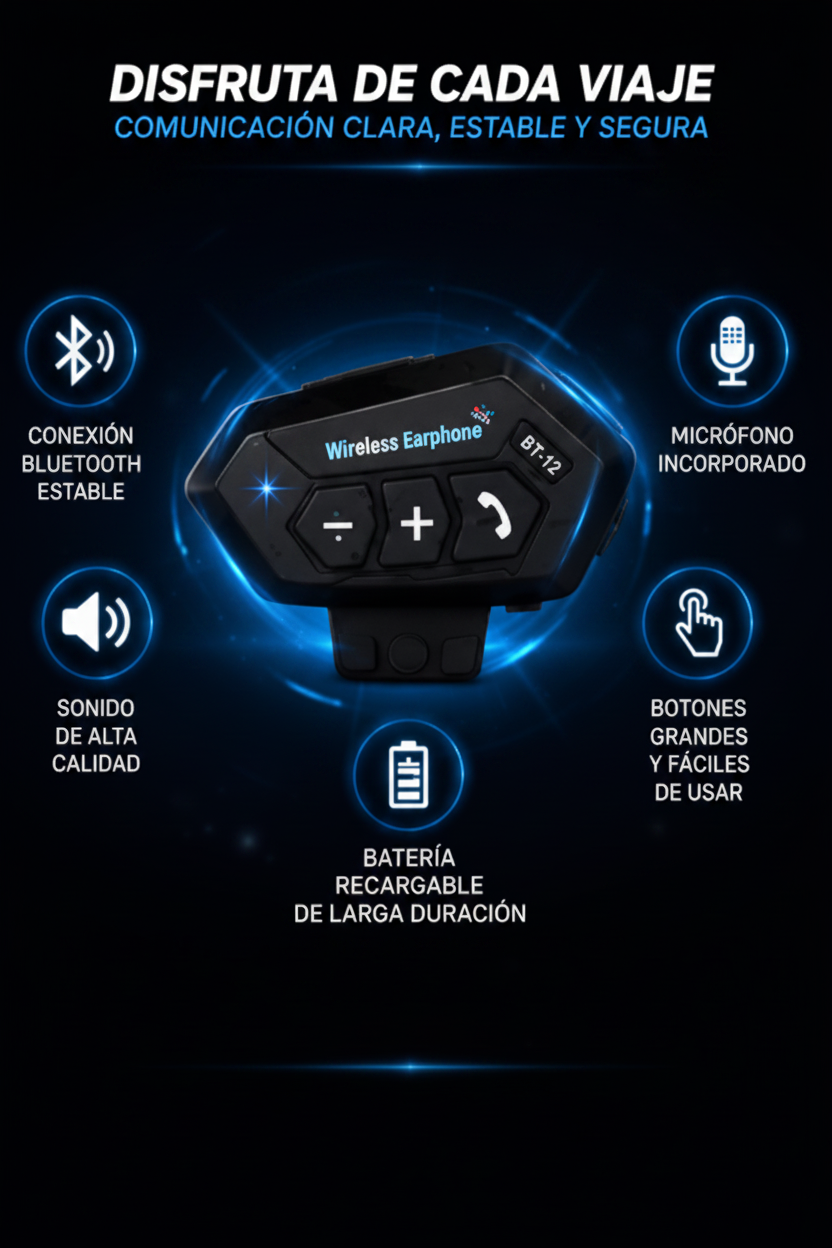 Intercomunicador Bluetooth BT12 para Casco de Moto con Micrófono