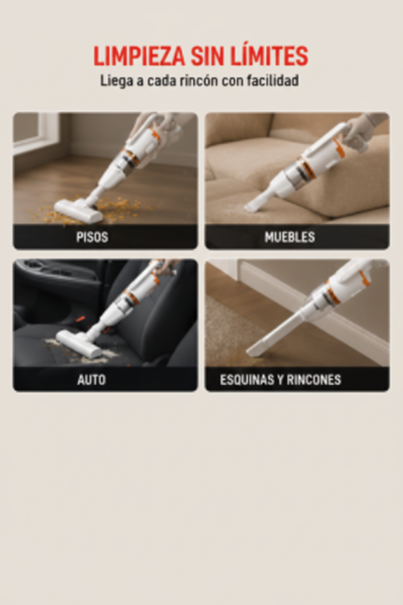 Aspiradora Vertical Inalámbrica 2 en 1 | Recargable para Hogar, Auto y Oficina