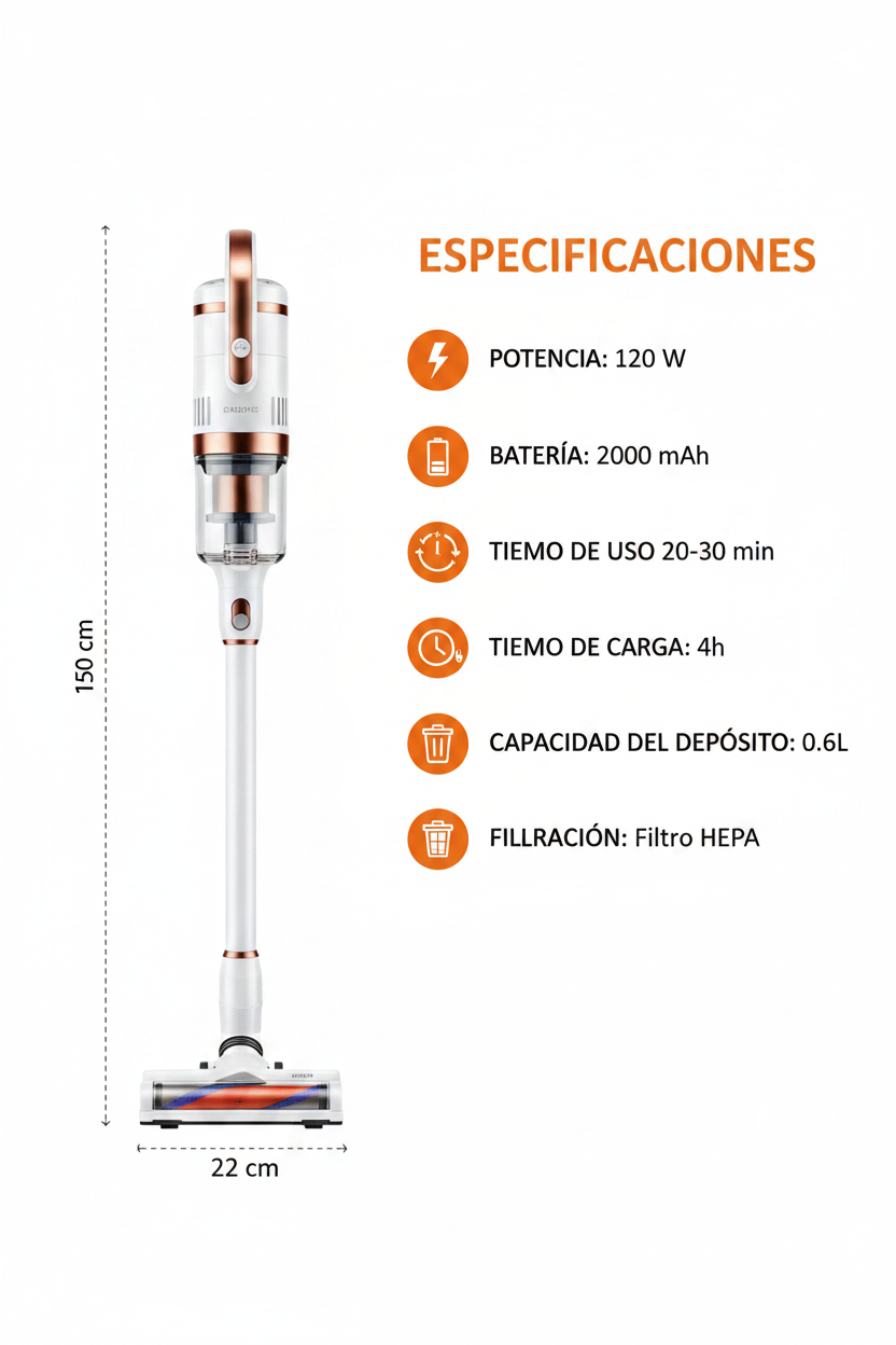 Aspiradora Vertical Inalámbrica 2 en 1 | Recargable para Hogar, Auto y Oficina