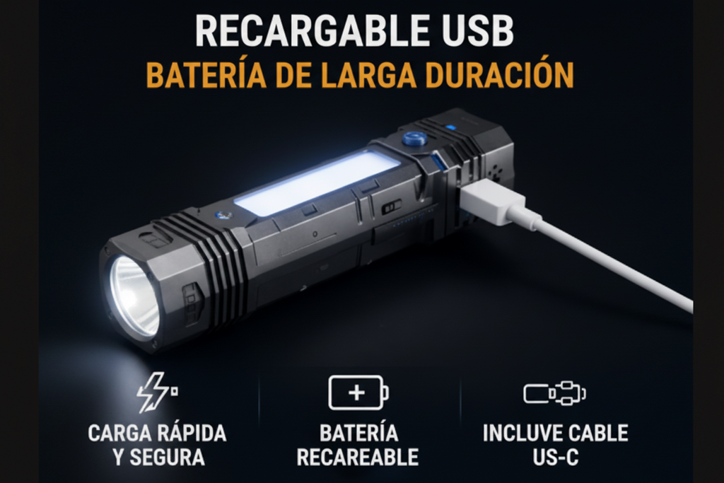 Linterna LED Táctica Recargable USB Multifuncional de Alta Potencia