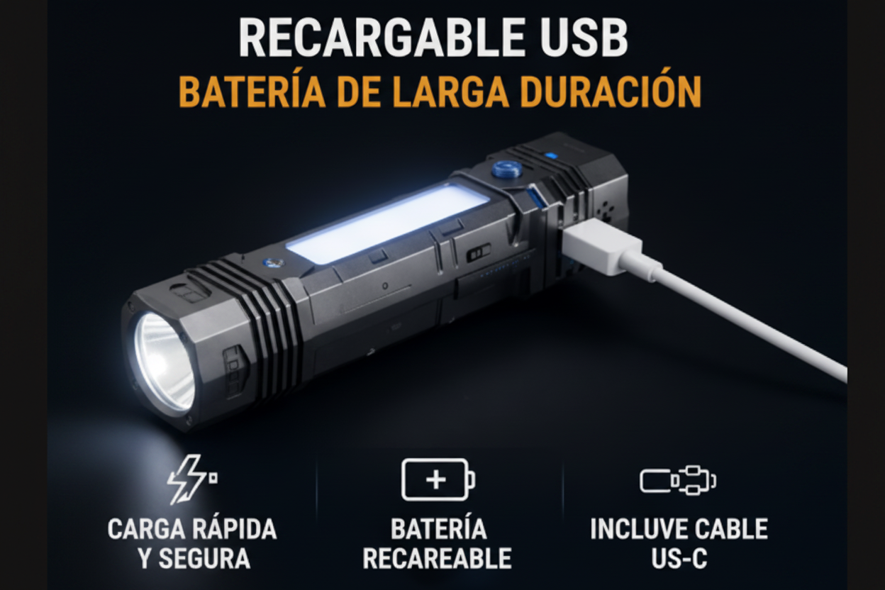 Linterna LED Táctica Recargable USB Multifuncional de Alta Potencia